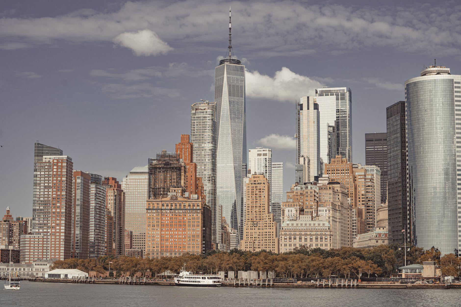 Captivating view of the NYC skyline with One World Trade Center and surrounding skyscrapers.