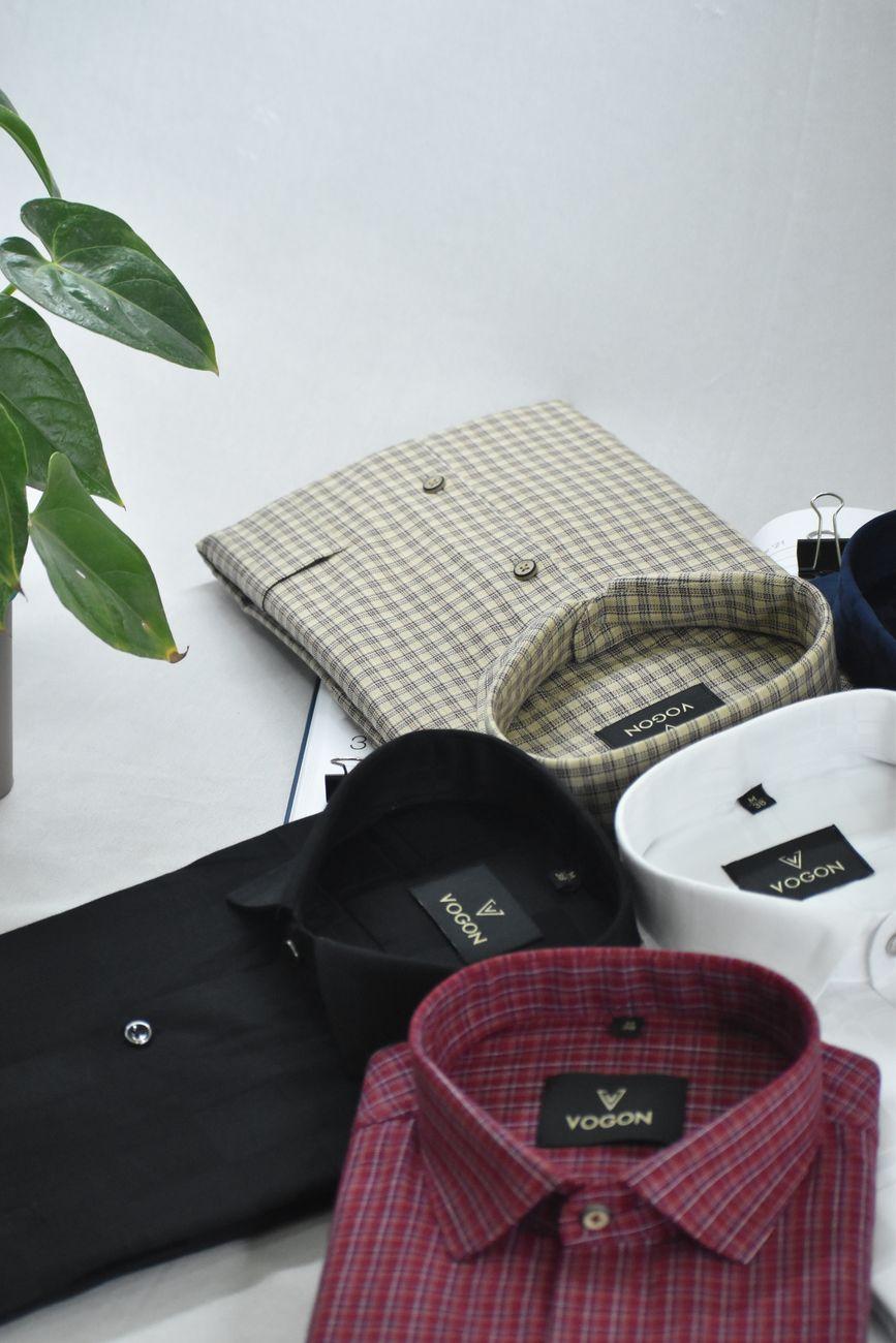 An assortment of folded shirts neatly arranged on a surface next to a green plant.